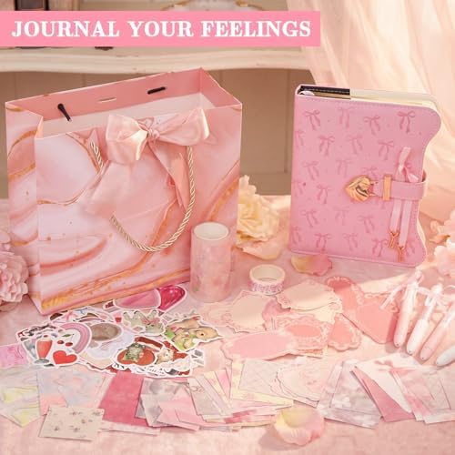 Janlaugh DIY Journal Diary with Lock Pack Scrapbook Kit, Pink, Bow - Image 5