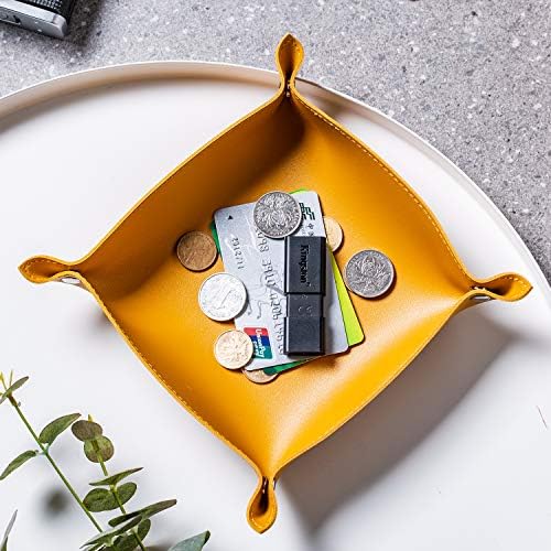 Leather Jewelry Valet Tray for Women and Man, Portable Entryway Table Tray Bedside Nightstand Desk Tray Small Catchall Travel Dish Plate for Key,Wallet,Watch,Coin (8x8, Yellow-B) - Image 6