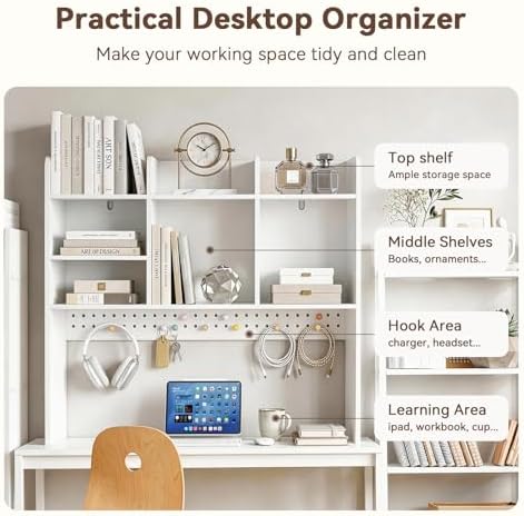 OOOK 35.9" L White Desk Hutch with Pegboard, Dorm Desk Organizer - Image 3