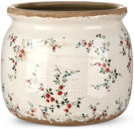 Vintage Planter Large Ceramic Plants Pot Beige Red Floral Pot by Unknown
