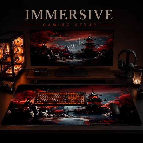 Oriental Gaming Mouse Pad XXL, Large Desk Mat 35.4"x15.7", Non-Slip Waterproof Extended Keyboard Mat for Gaming Office Home (Crimson Pagoda) - Image 6
