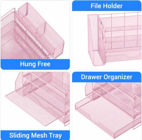 OPNICE Desk Organizers and Accessories, 4-Tier Desktop File Organizer with Drawer and Pen Holders, Office Desk Accessories Workspace Organizers for Office Supplies (Soft Pink) - Image 2