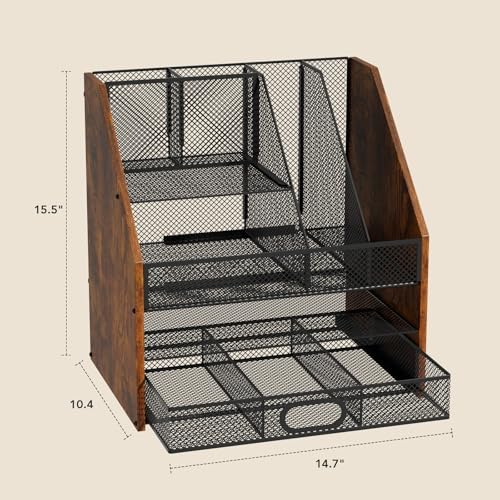 Homsorout Wooden Desk Organizer - Mesh File Organizer with Drawers and Pen Holder - 4-Tier Vertical Paper Letter Storage Tray, Desktop Organizers and Accessories for Home Office - Image 4