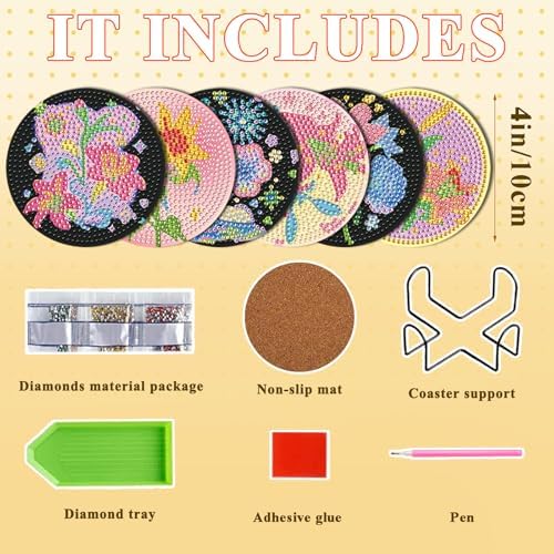 DOTSOPS 6 PCS Flowers Diamond Painting Coasters for Beginners with Holder - Image 2