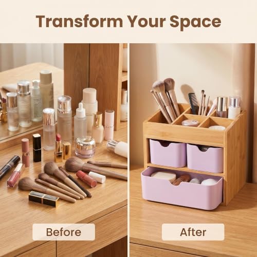 Bamboo Makeup Organizer with 3 Pink Drawers - Image 2