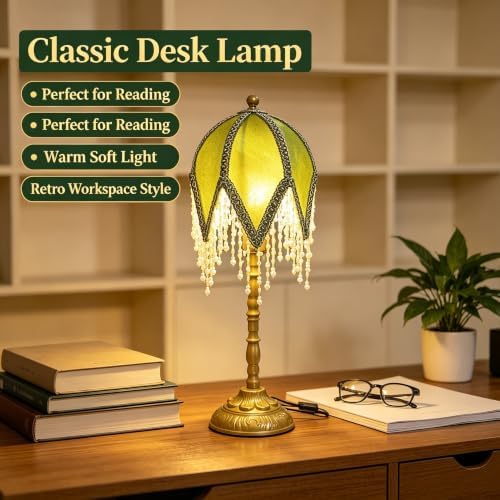 Vintage Tasselled Table Lamp with Beaded Shade, Green and Gold - Image 5