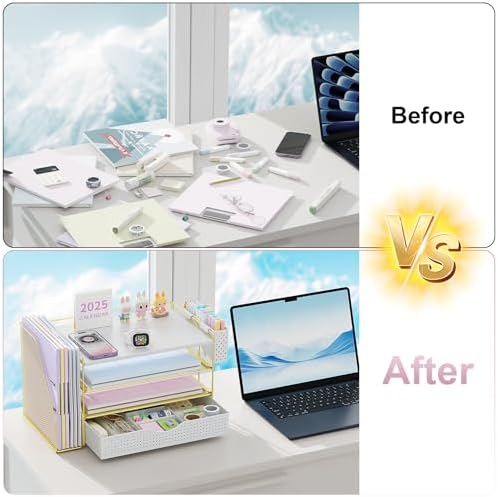 Wood Desk Organizers and Accessories with File Holder, 4-Tier Desk Accessories & Workspace Organizers with Drawer and Pen Holder, Desk Reference Organizer (Gold, 4T with Drawer) - Image 2