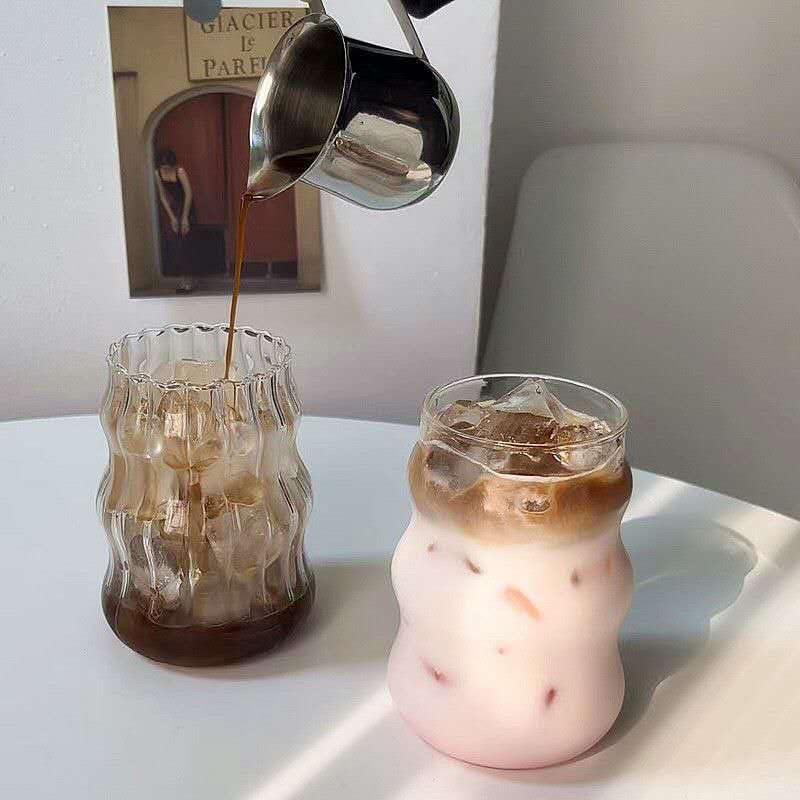 1pcs Vertical Stripe Drinking Glasses CupsGlass Tumbler, Ripple Glassware Coffee Cup, Cute Glass Tumbler for Iced Coffee Juice Drink Milk (yun) - Image 5