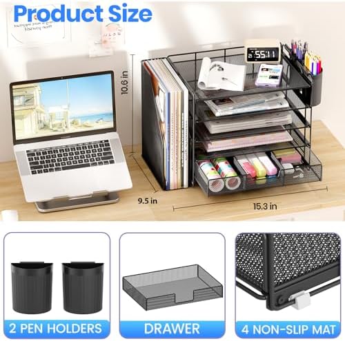 OPNICE Desk Organizer, 5-Tier Desktop File Organizer with Drawer and Pen Holders, Office Desk Accessories, File Sorters, Workspace Organizers for Office Supplies(Black) - Image 2