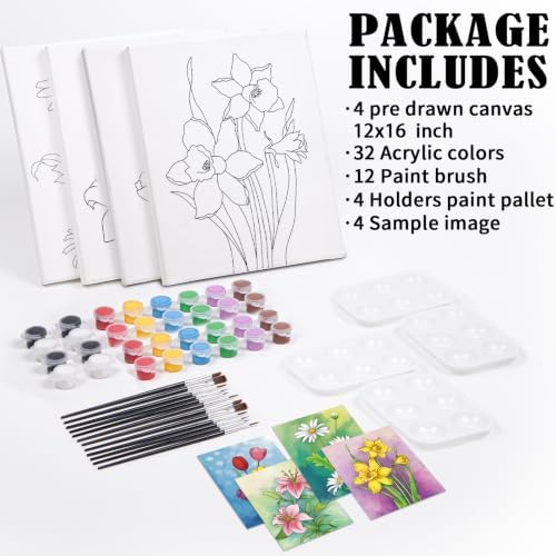 4 Pack Sip and Paint Kit, Pre Drawn Canvas for Painting for Adults Pre Printed Canvas to Paint Party Supplies Girls Night Games Date Night Art Set Flower Theme 12x16 in - Image 6