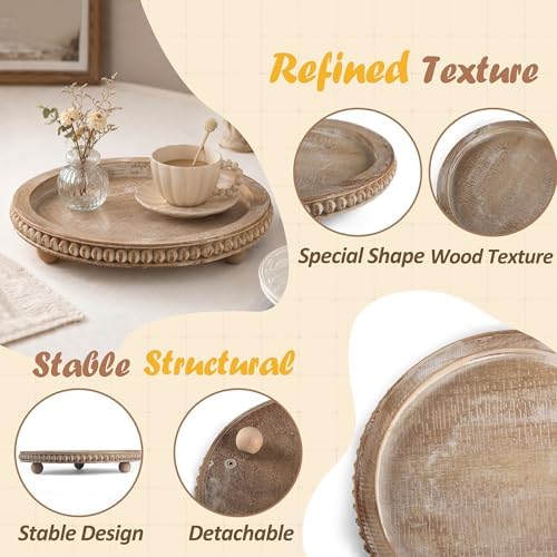 Round Decorative Tray for Coffee Table, Natural Wood Beaded Tray with Detachable Legs, 11.87" Farmhouse Rustic Serving Tray for Living Room, Ottoman, Kitchen Counter, Dining Table Decor - Image 4