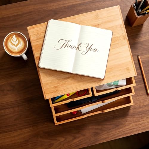 DEAYOU Bamboo Desk Organizer, 100% Natural Bamboo Desktop Drawer Organizer, Tabletop Storage Cabinet Organization Box with 4 Drawers for Makeup, Letter, Home Office Supplies, 3-Layer, Fully Assembled - Image 2