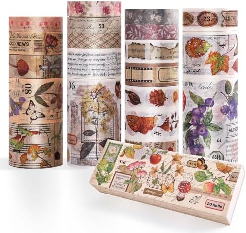 20 Rolls Vintage Washi Tape Set, Floral Letter Butterfly Mushroom Botanical Flower Writable Decorative Tapes for Scrapbooking , Junk Journal Supplies, Bullet Journaling 10-60mm Wide 6.56ft long/Roll - Image 2