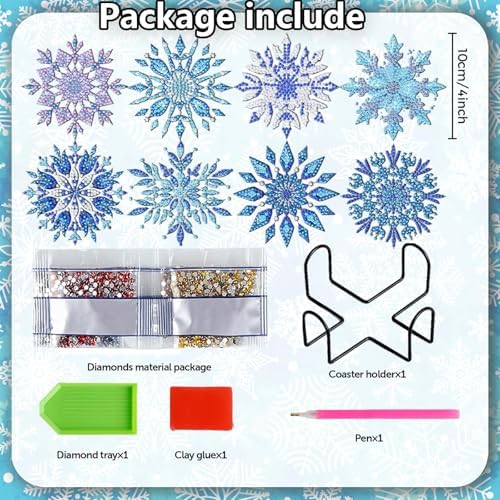 Demonwer 8 Pieces Snowflake Diamond Art Coasters Kits DIY Christmas Diamond Coasters with Holder 5d Snowflake Diamond Dot Coaster for Adults Diamond Painting Kits Supplies - Image 3