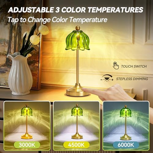 Small Tulip Cordless Table Lamp, LED Touch Accent Lamp with Amber Glass Shade, Dimmable Vintage Table Lamps for Bedroom, Kitchen, Nightstand, Restaurant - Image 3