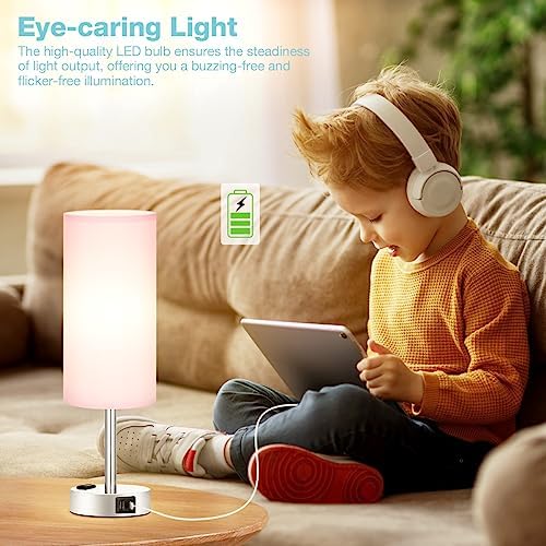 Fenmzee Pink Bedside Lamp for Bedroom, Dimmable Touch, USB A+C, AC Outlet - Image 5