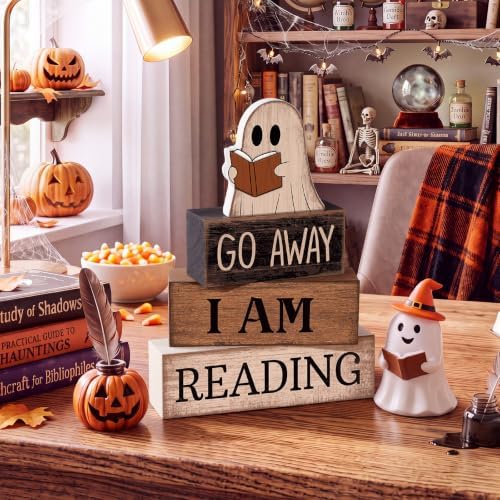 Moucuny 4 Pcs Halloween Table Decor Wooden Ghost Reading Stacked Block Sign - Image 2