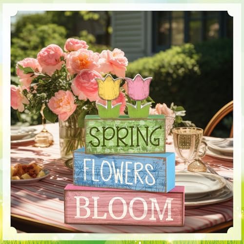 Moucuny 4 Pcs Spring Wooden Block Signs Farmhouse Table Tiered Tray Decor - Image 3
