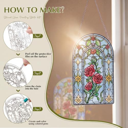 Humyoun 36 Pcs Suncatchers Crafts Kit DIY Paint Art Stained Glass Painting Craft Kits 24 Markers and 12 Suncatchers for Adults Home Decor Creative Projects (Window Flower) - Image 3