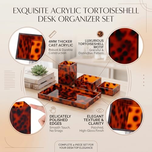 4 Pcs Aesthetic Desk Organizer Set Desk Tray, Pen Holder, Paperclip Storage and Sticky Note Holder Tortoiseshell Office Desktop Decor Accessories for Women or Men - Image 3