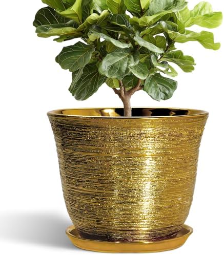 Ceramic Pots for Plants - 12 Inch Planter for Indoor Outdoor, Round Plant Pot with Drainage Hole and Saucer, Decorative Large Planter, Modern Flower Pots, House Decor, Garden Gifts, Gold by SUNPOTFOR