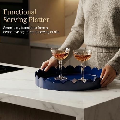 Gesodant 13" Round Scalloped Decorative Tray for Coffee Table Decor, Candle & Perfume Tray, Dining Table Centerpiece & Aromatherapy Candle Display, Modern Glossy Lacquer Look (Navy Blue) - Image 5