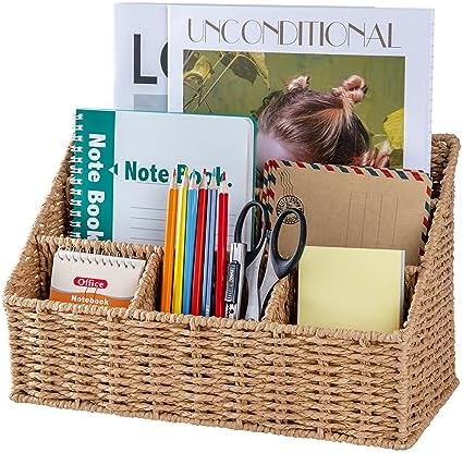 DINGTAI Rattan Desk Organizer, Tabletop Mail Holder, 5 Slot Mail Organizer Countertop Basket, Rattan Office Supplies, Boho Office Desk Accessories, Wicker Desk Organizer, Magazine Holder（Wicker） by DINGTAI