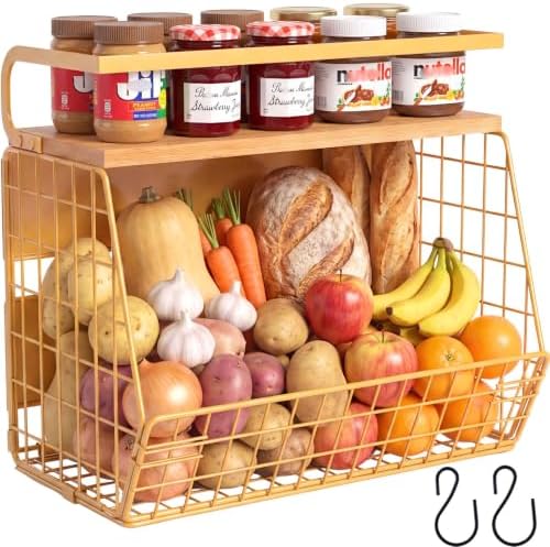 Magnetic Shelf for Fridge with Wood Lid, Fruit Potato and Onion Storage Bins, Pantry Organizers & Storage, Large Container Magnetic Spice Rack for Refrigerator, Kitchen Counter, Cabinet (Yellow, 1) by Ofiray-home