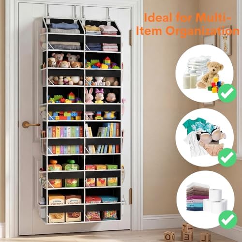 Over The Door Organizer 6 Tiers, Extra Large Behind Door Storage of 12 Compartments, 80 lbs Weight Capacity Hanging Storage Organizer with Clear Window Kids Toys, Shoes, Diapers, Room Storage,Black - Image 5