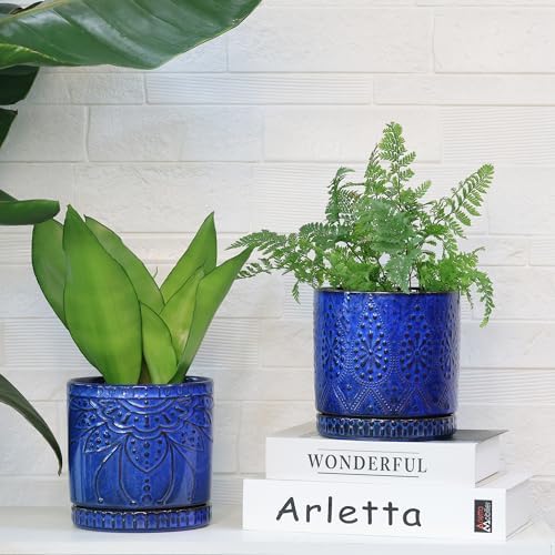Ceramic Pots for Indoor Plants with Drainage Holes and Saucers, Ceramic Planter for Plants, Flower Pot - Set of 2 - Image 2
