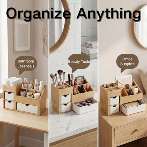 Bamboo Makeup Organizer with 3 Drawers & Adjustable Dividers, Desk Cosmetic Storage Box, Vanity Countertop Organizer for Bathroom, Office, Bedroom, Natural Bamboo Color (11.5x5.4in) - Image 7