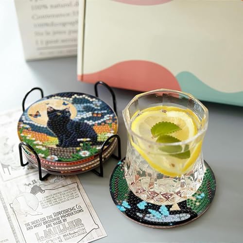 askkqtx 8 Pcs Black Cat Diamond Art Coasters Kits with Holder 4X4 Inch - Image 3