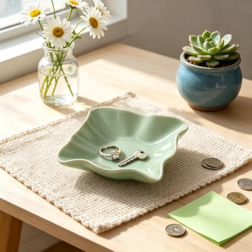 HOME SMILE Ceramic Ring Dish Green Wavy Square,Trinket Dish Ring Holder Jewelry Tray Cute Vanity Organizer Aesthetic Nightstand Bathroom Room Decor - Image 4