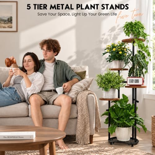 TOSKING 5-Tier Round Wood Corner Plant Stand Indoor, Anti-Tip, Brown&Black - Image 3