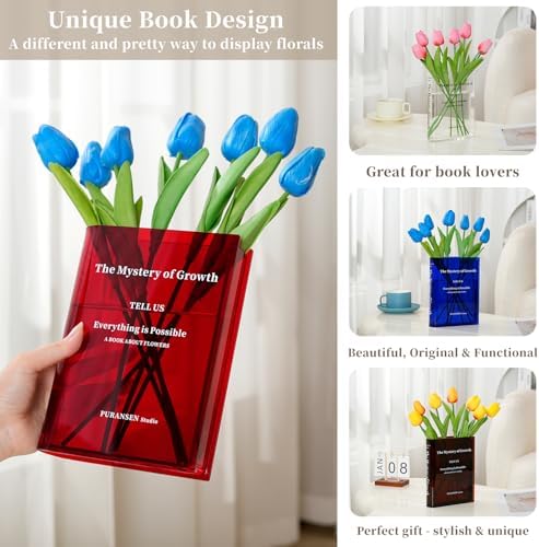 Puransen Clear Book-Shaped Vase for Centerpiece Home Indoor Desk Decor，Red - Image 3