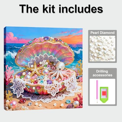 ARTopet DIY Pearl Painting Kit with Frame Gemstone Pearl Diamond Dots Beads Canvas Art Craft for Adult Beginners Display for Tabletop and Wall Mounting Home Decor-Shell - Image 3