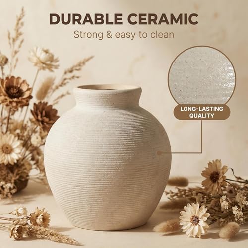 Retro Ceramic Vase, 7.5 Inch Off-White Farmhouse Rustic Pot, Vintage Table Centerpiece for Living Room, Dining Room Office Desk Bookshelf & Fireplace Decor - Image 6