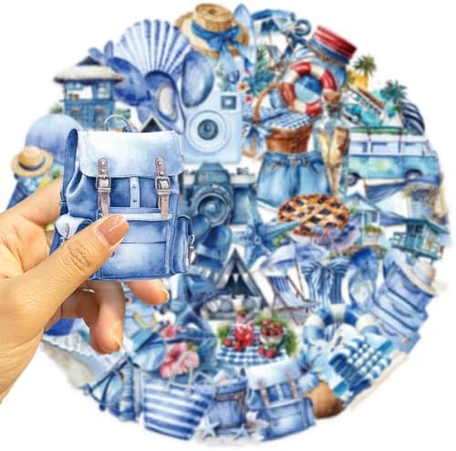 50PCS Transparent Blue Beach Stickers Aesthetic PET Stickers Blue Ocean Decal Waterproof Decorative Decals for Scrapbook DIY Crafts Album Bullet Journal Planner Water Bottles Laptop Phone (Blue-A) - Image 5