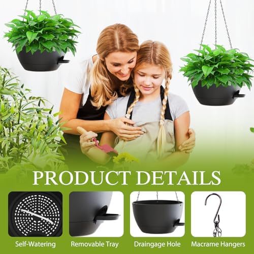 10 Inch Hanging Baskets 2 PC with Chains, Self-Watering Hanging Planters for Indoor Outdoor Plants, Plastic Hanging Flower Pots,Black - Image 3