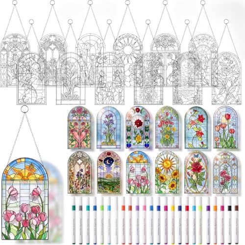 Humyoun 36 Pcs Suncatchers Crafts Kit DIY Paint Art Stained Glass Painting Craft Kits 24 Markers and 12 Suncatchers for Adults Home Decor Creative Projects (Window Flower) by Humyoun