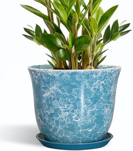 Ceramic Planter - 10 Inch Plant Pot for Indoor Outdoor, Large Round Flower Pots with Drainage Hole and Saucer, Modern Decorative Plant Pots, Garden House Decor, House Warming Gifts, Blue by SUNPOTFOR