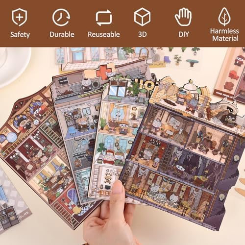 Girls 3D Miniature Scene Stickers, 4 Sets Magic Apprentice DIY House Stickers for Archaeological,Detective,Laboratory,Hotel,Cute 3D Cartoon Scene Stickers for Adult Kids Relief Stress Pass The Time - Image 2