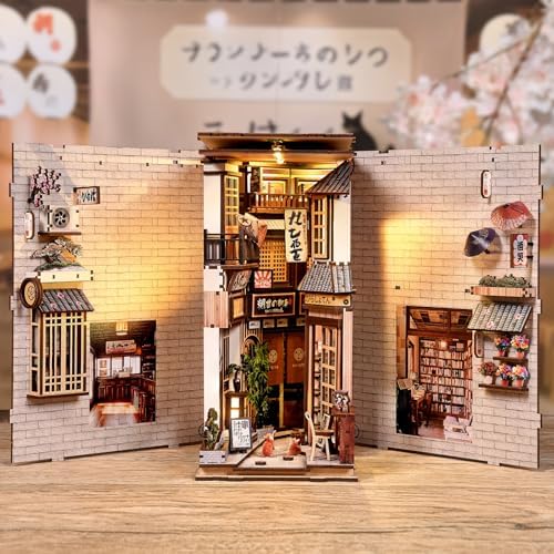 Premium Book Nook Kit, Warm Cat Alley Street View Wooden Bookend with LED Lights, Detailed Pet Theme 3D Diorama, Cozy Home Decor Craft Gift for Cat Lovers & Adults 14+ - Image 4