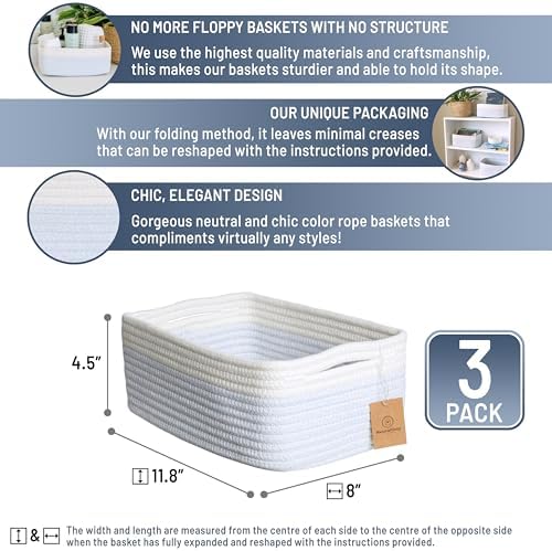 NaturalCozy 11.8"x8"x4.5” Rectangle Storage Baskets for Shelves 3 Pack | Cotton Rope Woven Small Baskets for Organizing | Small Storage Bins for Nursery, Bathroom, Closet, Shelf, Decorative, Gift - Image 2