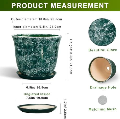 Ceramic Plant Pots - 10 Inch Plant Pot for Indoor Outdoor, Round Planter with Drainage Hole and Tray, Decorative Flower Pots, Modern Planters, Home Patio Garden Decor, Garden Gifts, Green - Image 2