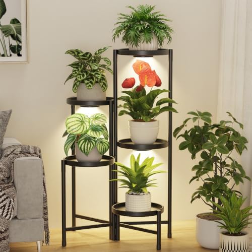 LASZOLA Plant Stand Indoor 10 Inch Large Tray With Lights, 5 Tier Black by LASZOLA