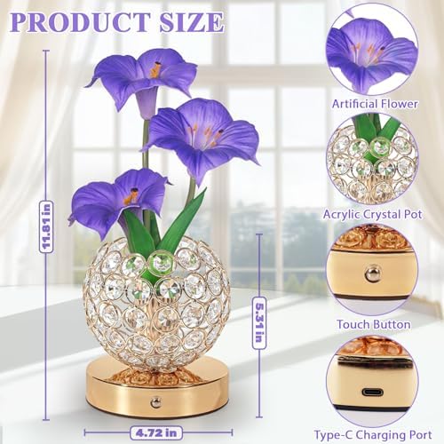 Flower Table Lamp, 3 Colors Touch Stepless Dimming Crystal Night Light, Rechargeable Artificial Morning Glory Light, LED Flower with Vase Lamp Romantic Decor for Date Party Home (Morning Glory-Purple) - Image 2