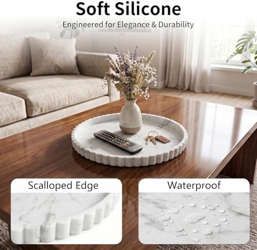 Silicone Bathroom Vanity Trays for Counter - 9.1 Inch Round Small Bathroom Tray with Scalloped Edge, Coffee Table Decor, Decorative Tray for Candle Key Skincare Perfume Storage, Marble Gray - Image 3