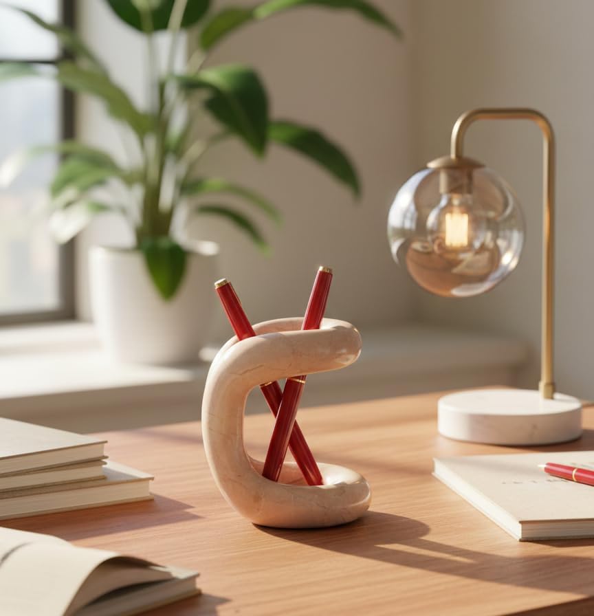 Marble Pen Holder for Desk, 4 Inch Beige Pencil Holder - Image 2