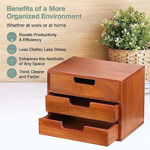 Triple Drawer Desktop Storage Organizer in Modern Wood Design (9.8”x6.9”x 7.5”) 3-Drawer Stackable Drawer Unit - Vanity Accessories Organizer (1-Pack) - Image 5